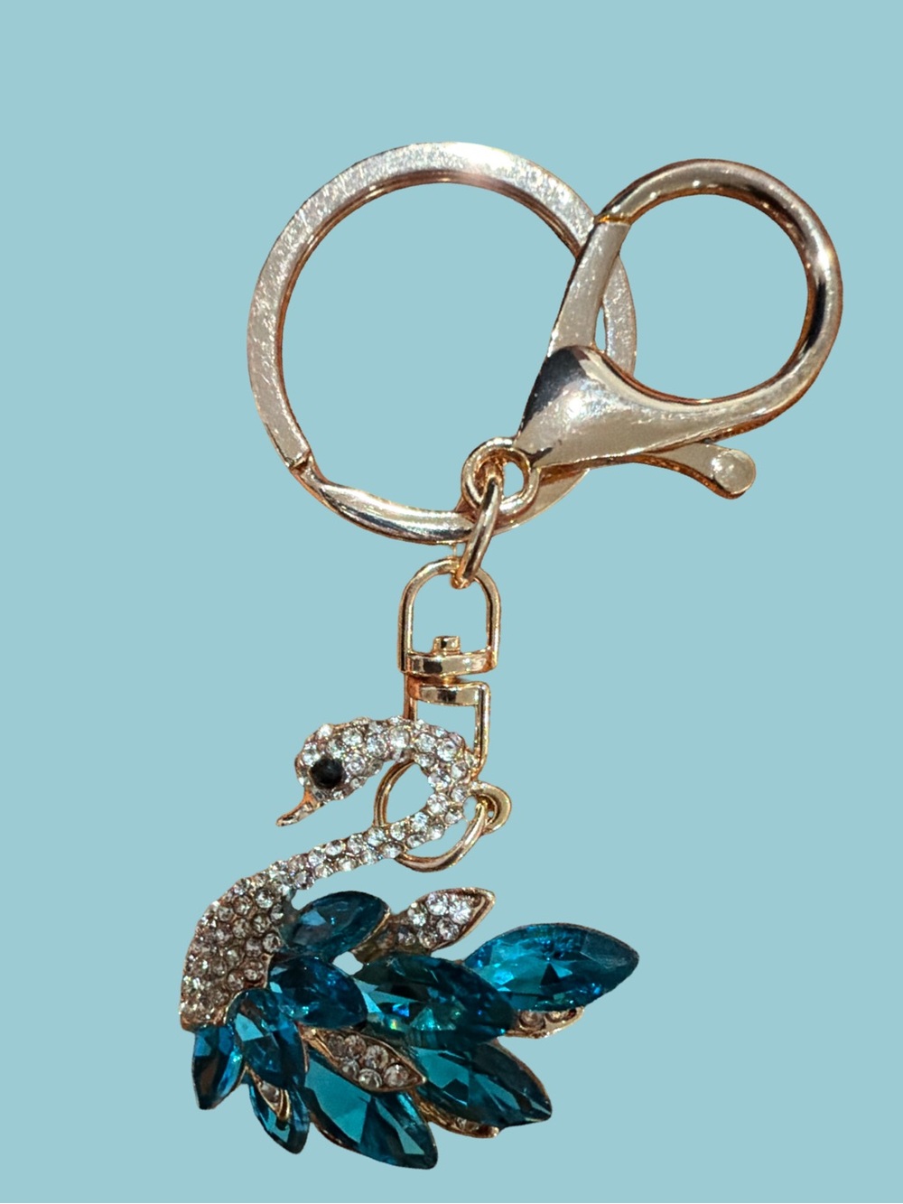 Gold-Tone Teal Crystal Swan Keychain - Unbranded